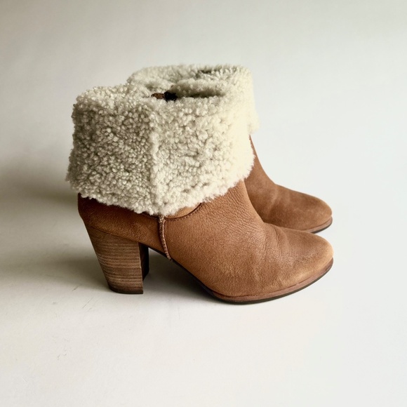 UGG Tan Suede Genuine Sheepskin Leather Heeled Ankle Boots size 10 - Picture 2 of 16